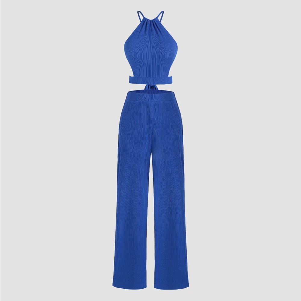 HALTER CROP TOP & HIGH WAIST STRAIGHT LEG TROUSERS SET